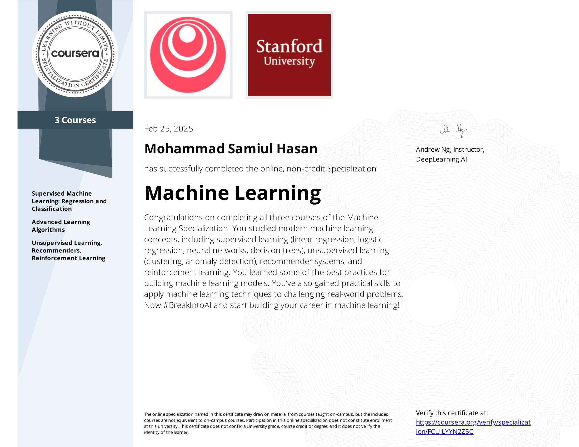 Machine Learning Specialization (Coursera)
